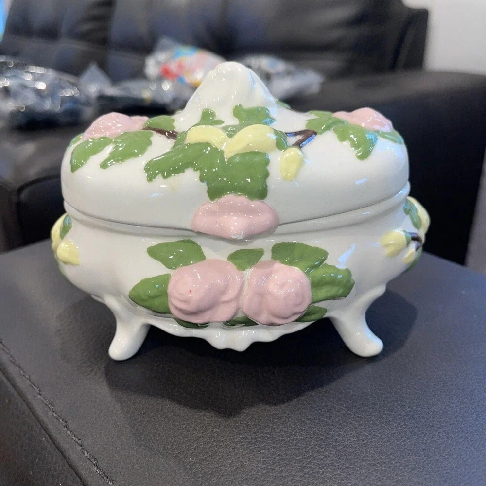 Vintage Trinket Box with Pink Roses Chip As Shown